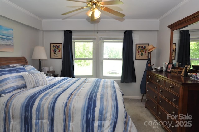3505 Valley Dr, Chester, SC 29706 - bedroom with light colored carpet, crown molding, a ceiling fan, and baseboards