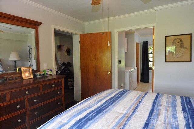 3505 Valley Dr, Chester, SC 29706 - bedroom featuring washer / dryer, crown molding, and a ceiling fan