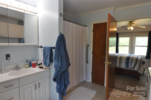3505 Valley Dr, Chester, SC 29706 - bathroom with connected bathroom, vanity, crown molding, and ceiling fan