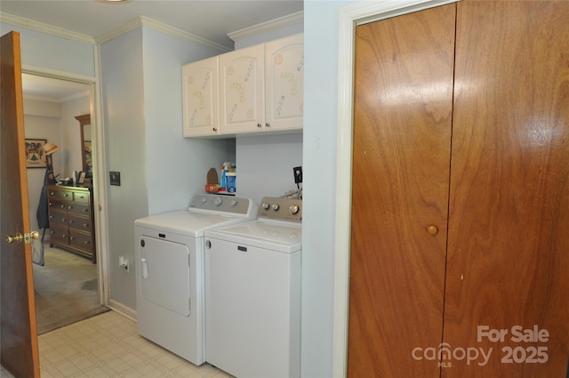 3505 Valley Dr, Chester, SC 29706 - laundry area with cabinet space, washing machine and clothes dryer, light floors, crown molding, and baseboards