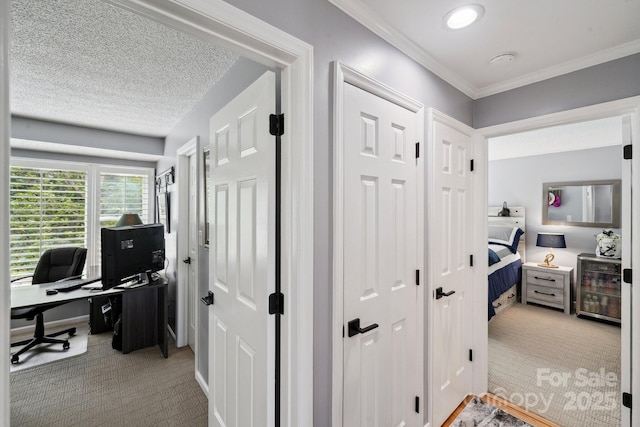 635 Portside Dr, Davidson, NC 28036 - corridor featuring carpet flooring, an office area, and crown molding