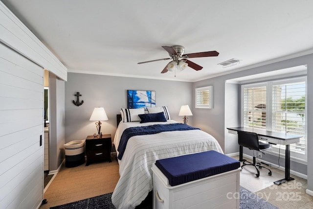 635 Portside Dr, Davidson, NC 28036 - bedroom featuring carpet, baseboards, crown molding, ceiling fan, and a desk