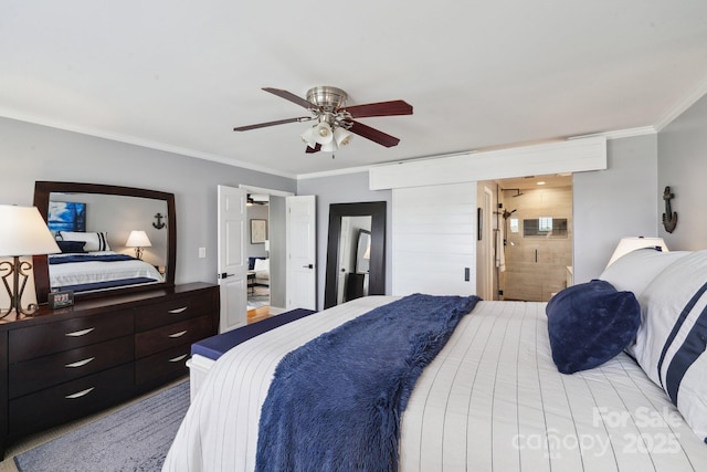 635 Portside Dr, Davidson, NC 28036 - bedroom with crown molding, ceiling fan, and connected bathroom