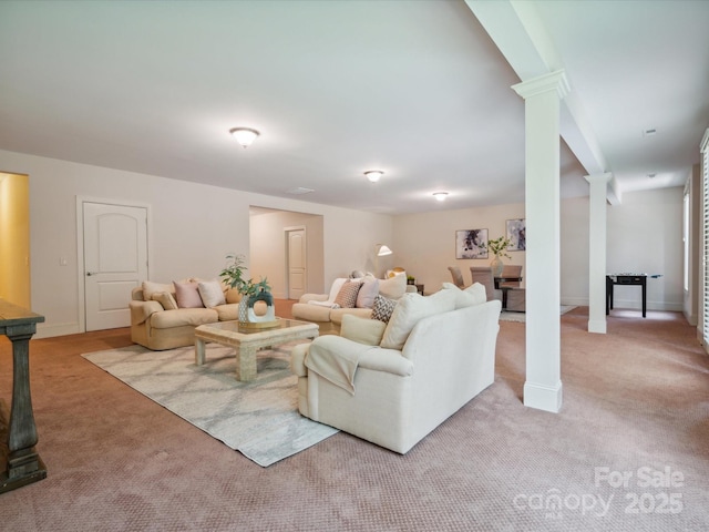 5805 Copperleaf Commons Ct, Charlotte, NC 28277 - living area with decorative columns, light carpet, and baseboards