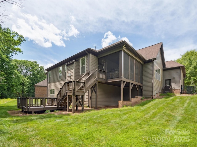 5805 Copperleaf Commons Ct, Charlotte, NC 28277 - rear view of property with a sunroom, stairway, a lawn, and a deck