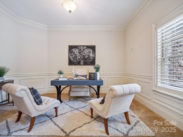 5805 Copperleaf Commons Ct, Charlotte, NC 28277 - office with plenty of natural light, ornamental molding, carpet flooring, a decorative wall, and wainscoting