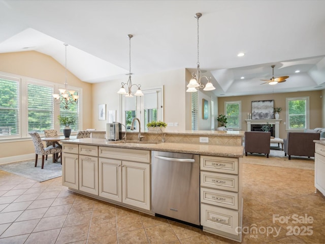 5805 Copperleaf Commons Ct, Charlotte, NC 28277 - kitchen featuring dishwasher, a chandelier, cream cabinets, open floor plan, and light tile patterned floors