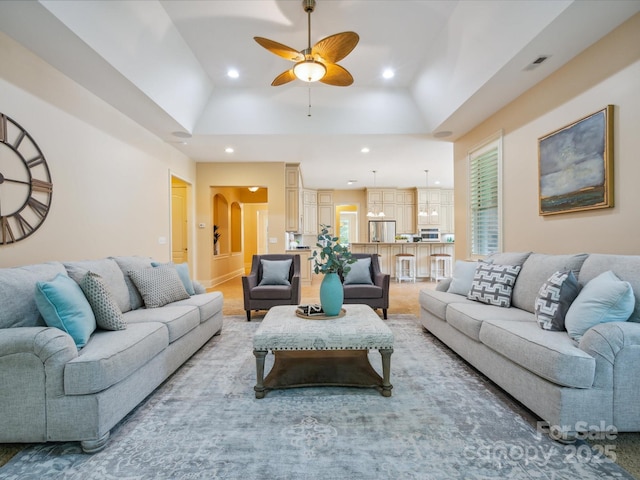 5805 Copperleaf Commons Ct, Charlotte, NC 28277 - living area featuring recessed lighting, ceiling fan, and vaulted ceiling