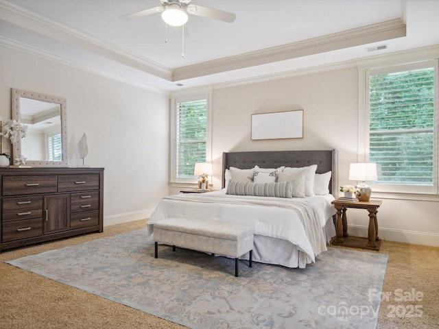 5805 Copperleaf Commons Ct, Charlotte, NC 28277 - bedroom featuring a tray ceiling, light colored carpet, crown molding, and ceiling fan