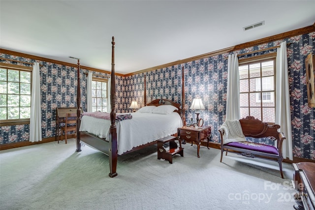 10215 Balmoral Cir, Charlotte, NC 28210 - bedroom with wallpapered walls, carpet, and crown molding