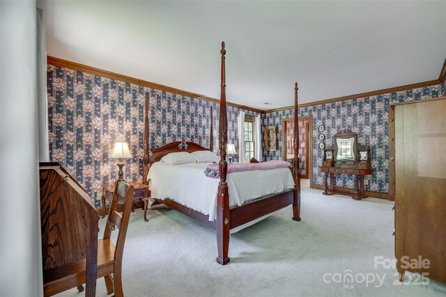 10215 Balmoral Cir, Charlotte, NC 28210 - carpeted bedroom featuring ornamental molding and wallpapered walls