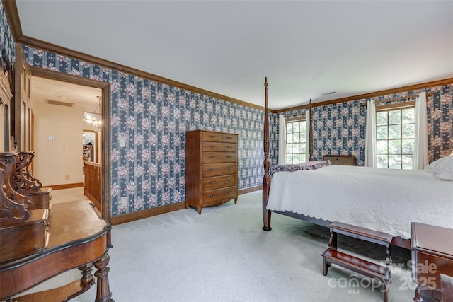 10215 Balmoral Cir, Charlotte, NC 28210 - bedroom featuring ornamental molding, wallpapered walls, and carpet
