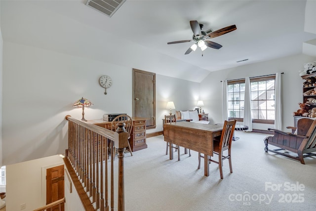 10215 Balmoral Cir, Charlotte, NC 28210 - home office featuring light colored carpet, a ceiling fan, and lofted ceiling