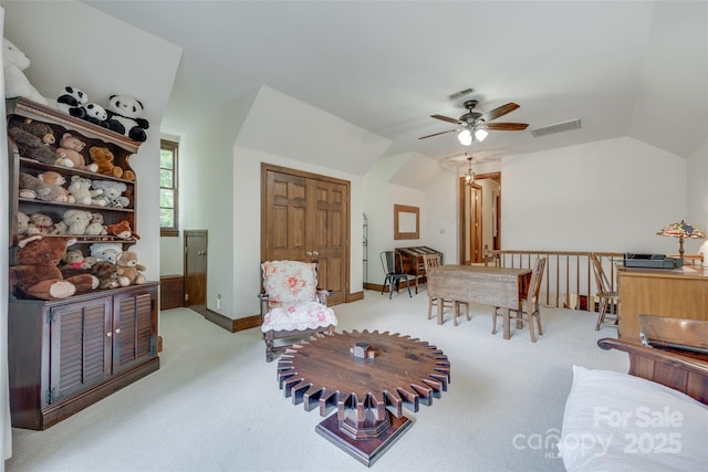 10215 Balmoral Cir, Charlotte, NC 28210 - sitting room featuring light carpet, vaulted ceiling, and ceiling fan