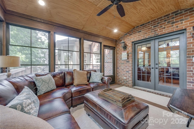 10215 Balmoral Cir, Charlotte, NC 28210 - sunroom / solarium featuring french doors, a ceiling fan, vaulted ceiling, and an outdoor hangout area
