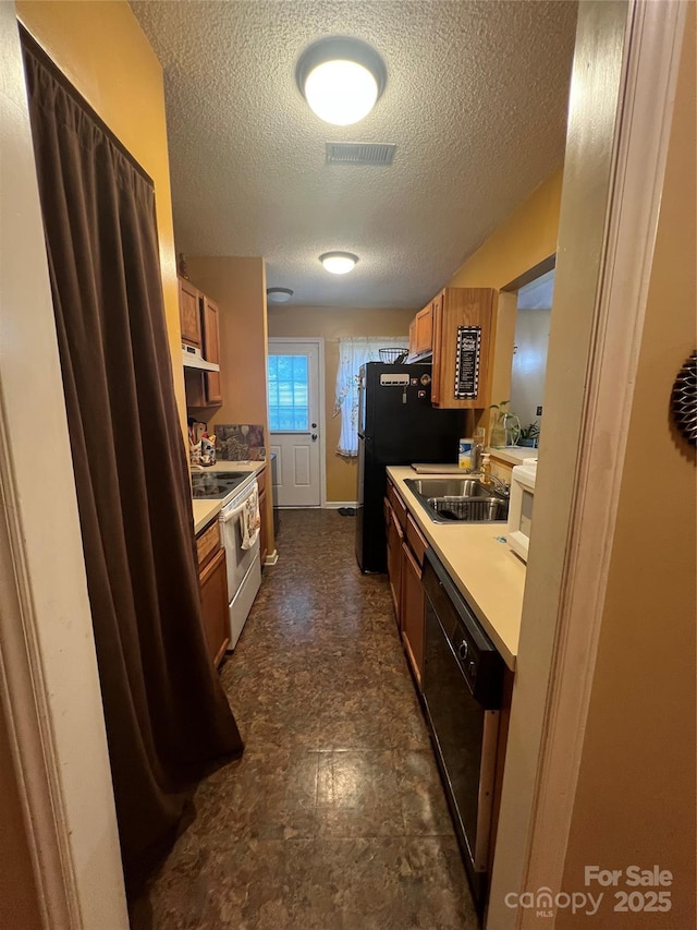 5816 Rocky Mount Ct, Charlotte, NC 28214 - kitchen with electric range, dishwashing machine, a textured ceiling, a sink, and brown cabinetry