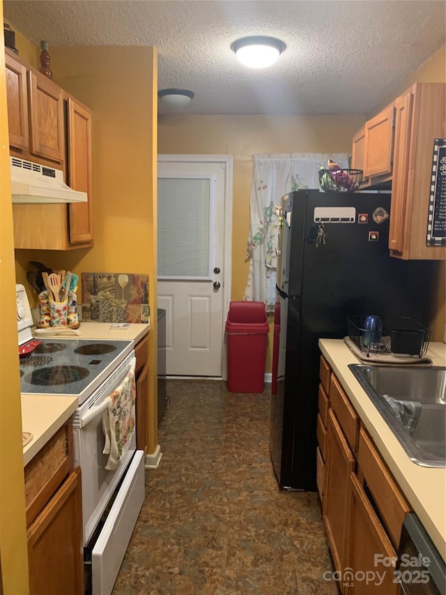 5816 Rocky Mount Ct, Charlotte, NC 28214 - kitchen featuring white electric range oven, under cabinet range hood, dishwasher, a textured ceiling, and light countertops