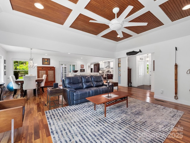 1165 Mountain Laurel Dr, Columbus, NC 28722 - living room featuring coffered ceiling, wood finished floors, a ceiling fan, recessed lighting, and baseboards