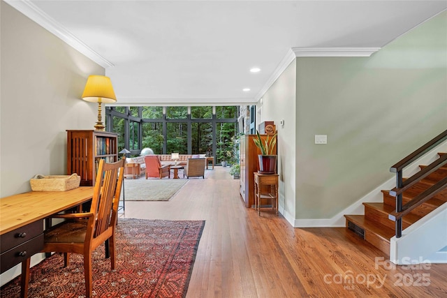 400 Kings Dr, Lake Lure, NC 28746 - dining room with ornamental molding, floor to ceiling windows, wood finished floors, stairway, and baseboards