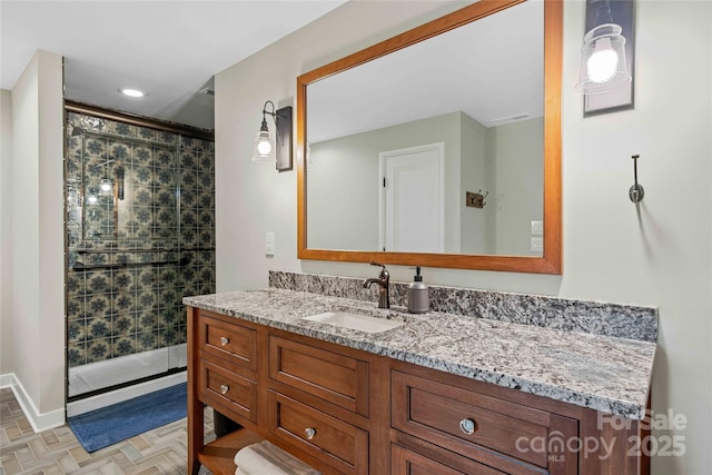 400 Kings Dr, Lake Lure, NC 28746 - full bathroom featuring vanity, a stall shower, baseboards, and recessed lighting