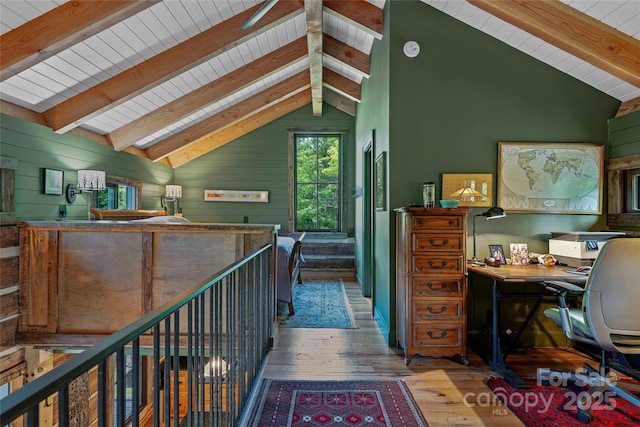 400 Kings Dr, Lake Lure, NC 28746 - hall featuring hardwood / wood-style floors, wood ceiling, a desk, and wooden walls