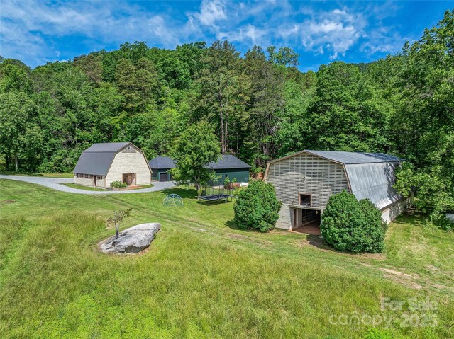 400 Kings Dr, Lake Lure, NC 28746 - view of grassy yard featuring a barn, an outbuilding, and a view of trees
