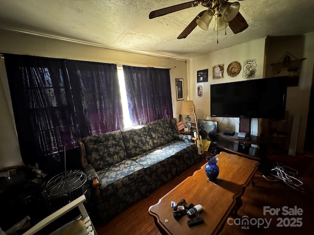 537 Beall St NW, Lenoir, NC 28645 - living room featuring a textured ceiling, a ceiling fan, and wood finished floors