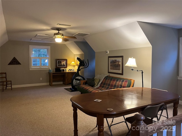 1619 Bellamy Cir, Albemarle, NC 28001 - home office featuring vaulted ceiling, light colored carpet, ceiling fan, and baseboards