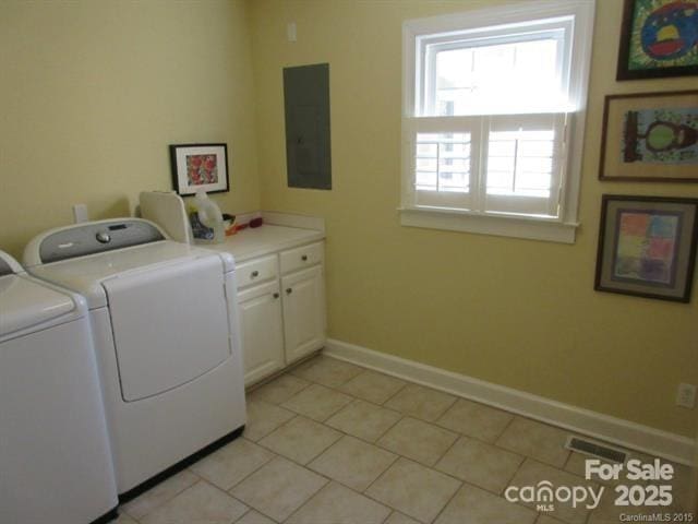 1619 Bellamy Cir, Albemarle, NC 28001 - washroom with washing machine and clothes dryer, electric panel, light tile patterned flooring, baseboards, and cabinet space