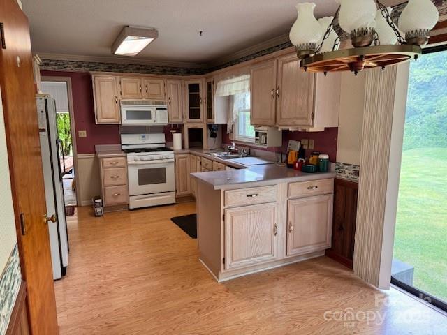 6561 Weldon Cir NW, Concord, NC 28027 - kitchen with white appliances, a peninsula, plenty of natural light, light wood finished floors, and ornamental molding