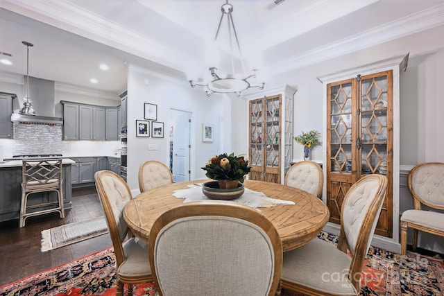 5118 Waldron Meadow Dr, Charlotte, NC 28226 - dining area with crown molding, a chandelier, dark wood-style floors, and recessed lighting