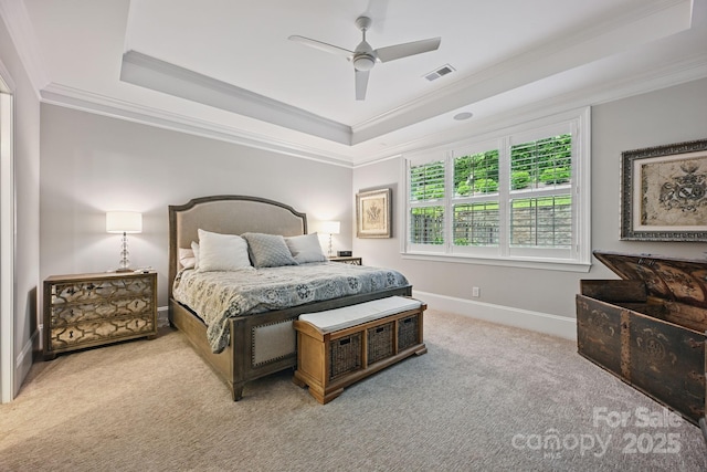 5118 Waldron Meadow Dr, Charlotte, NC 28226 - carpeted bedroom featuring a tray ceiling, crown molding, baseboards, and ceiling fan
