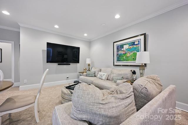 5118 Waldron Meadow Dr, Charlotte, NC 28226 - living room with recessed lighting, light colored carpet, baseboards, and crown molding