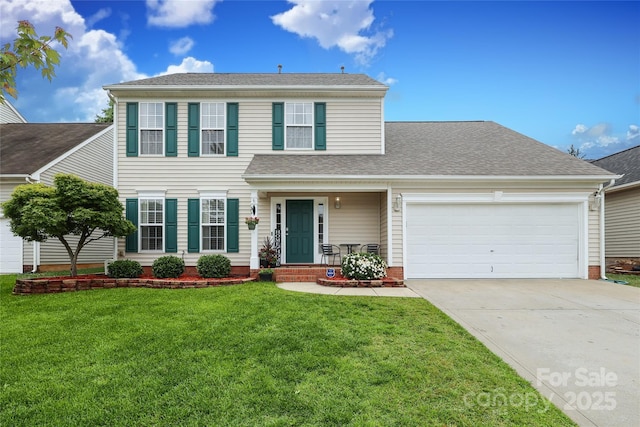 2018 Rosewater Ln, Indian Trail, NC 28079 - view of front of home with an attached garage, concrete driveway, a front lawn, and roof with shingles