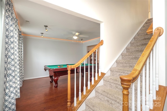 2018 Rosewater Ln, Indian Trail, NC 28079 - recreation room featuring a ceiling fan, billiards, baseboards, wood finished floors, and ornamental molding