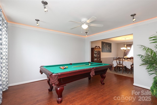 2018 Rosewater Ln, Indian Trail, NC 28079 - recreation room featuring crown molding, baseboards, wood finished floors, pool table, and ceiling fan