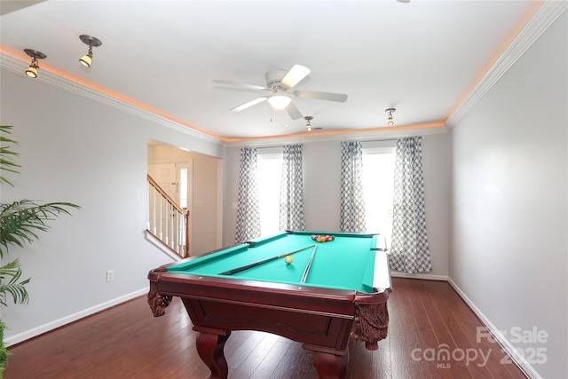2018 Rosewater Ln, Indian Trail, NC 28079 - recreation room featuring pool table, ornamental molding, a ceiling fan, baseboards, and wood finished floors