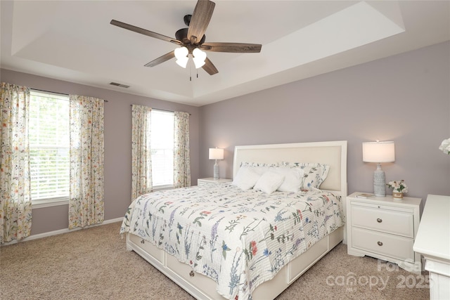2018 Rosewater Ln, Indian Trail, NC 28079 - bedroom with light carpet, baseboards, a raised ceiling, and a ceiling fan