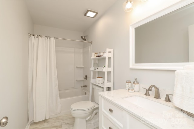 2018 Rosewater Ln, Indian Trail, NC 28079 - bathroom with marble look tile flooring, shower / tub combo, vanity, and toilet