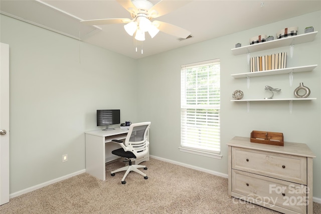 2018 Rosewater Ln, Indian Trail, NC 28079 - home office featuring attic access, baseboards, a ceiling fan, and light carpet