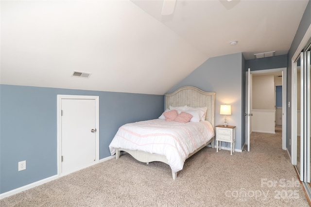 2018 Rosewater Ln, Indian Trail, NC 28079 - bedroom with lofted ceiling, light colored carpet, baseboards, and ceiling fan
