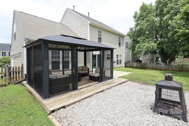 2018 Rosewater Ln, Indian Trail, NC 28079 - back of property with a gazebo, an outdoor living space with a fire pit, a deck, and roof with shingles