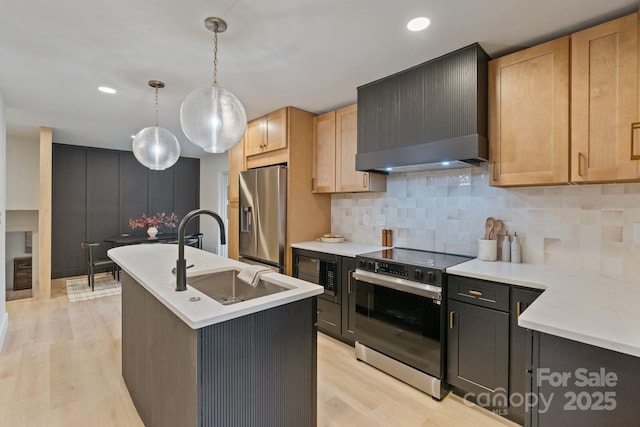 3326 Winterfield Pl, Charlotte, NC 28205 - kitchen with electric stove, stainless steel refrigerator with ice dispenser, custom range hood, a sink, and black microwave