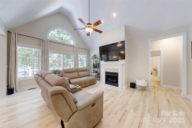118 Tayport Dr, Troutman, NC 28166 - living area featuring a fireplace, light wood-style flooring, a ceiling fan, high vaulted ceiling, and baseboards