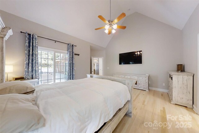 118 Tayport Dr, Troutman, NC 28166 - bedroom with light wood-style flooring, high vaulted ceiling, baseboards, and a ceiling fan
