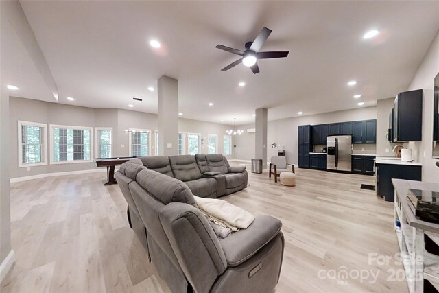 118 Tayport Dr, Troutman, NC 28166 - living area with pool table, light wood-type flooring, recessed lighting, a chandelier, and a ceiling fan