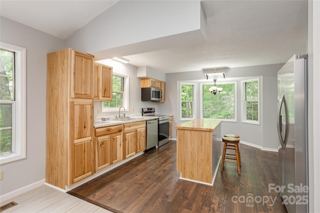 608 Surrey Glen Cir, Hendersonville, NC 28739 - kitchen featuring appliances with stainless steel finishes, light countertops, a center island, dark wood-type flooring, and baseboards