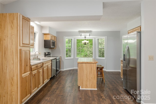 608 Surrey Glen Cir, Hendersonville, NC 28739 - kitchen with a sink, appliances with stainless steel finishes, a center island, dark wood-type flooring, and light countertops