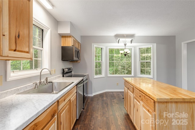 608 Surrey Glen Cir, Hendersonville, NC 28739 - kitchen featuring stainless steel appliances, butcher block countertops, a sink, dark wood-style floors, and a textured ceiling