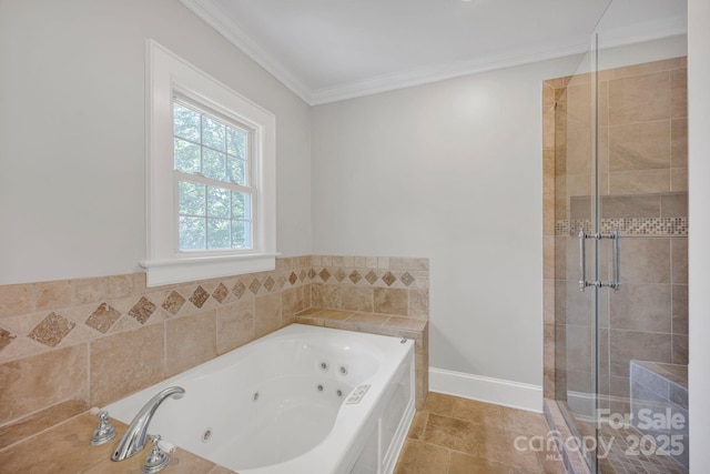 361 5th St NW, Hickory, NC 28601 - bathroom with a stall shower, a tub with jets, ornamental molding, baseboards, and tile patterned floors